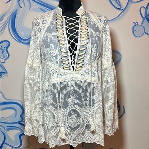 Double D Ranch Lace-Up White Lace Top